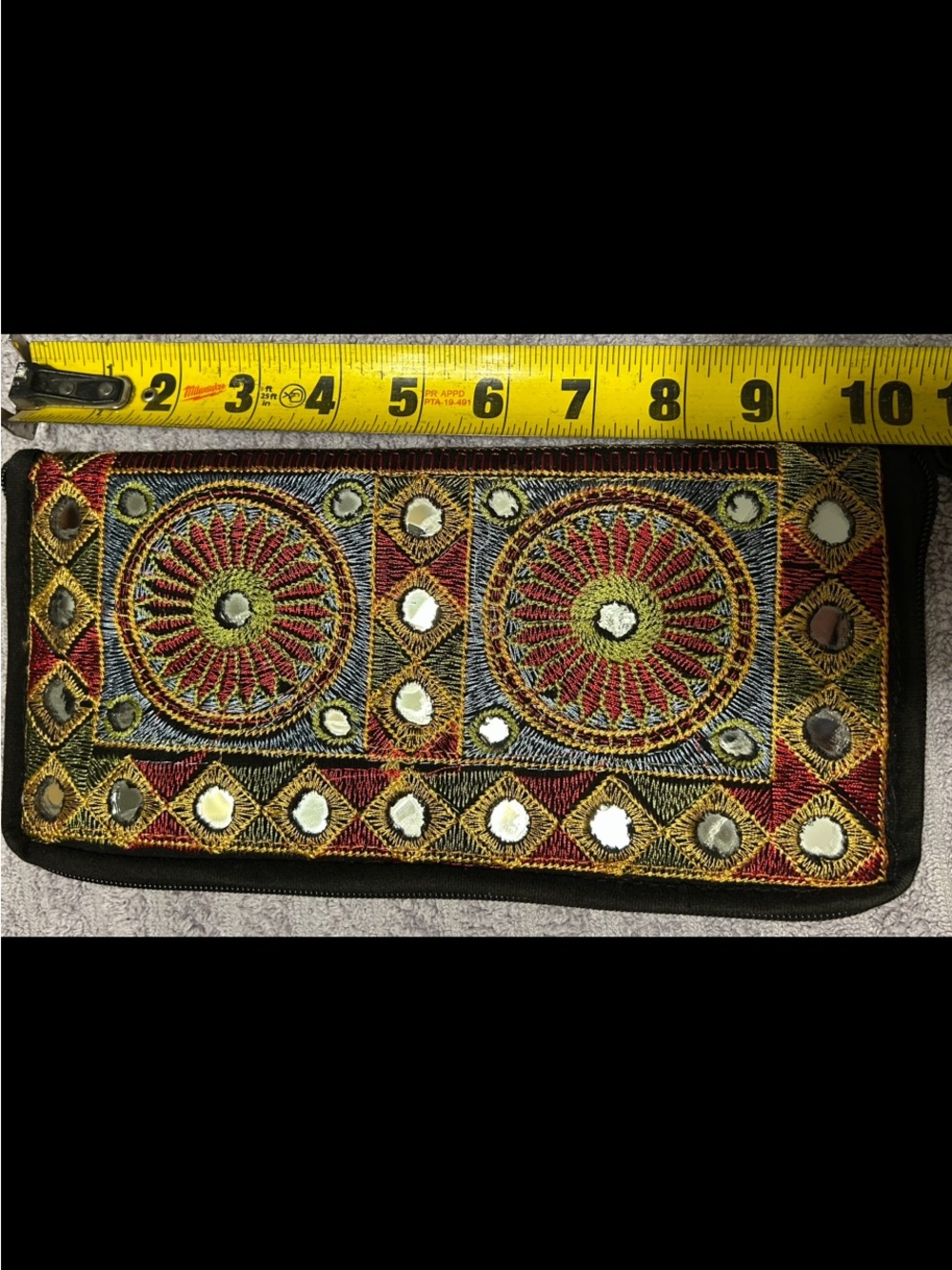 Embroidered Mirror Accent Clutch Wallet in Black and Gold 10”x5” Sookhri Brand